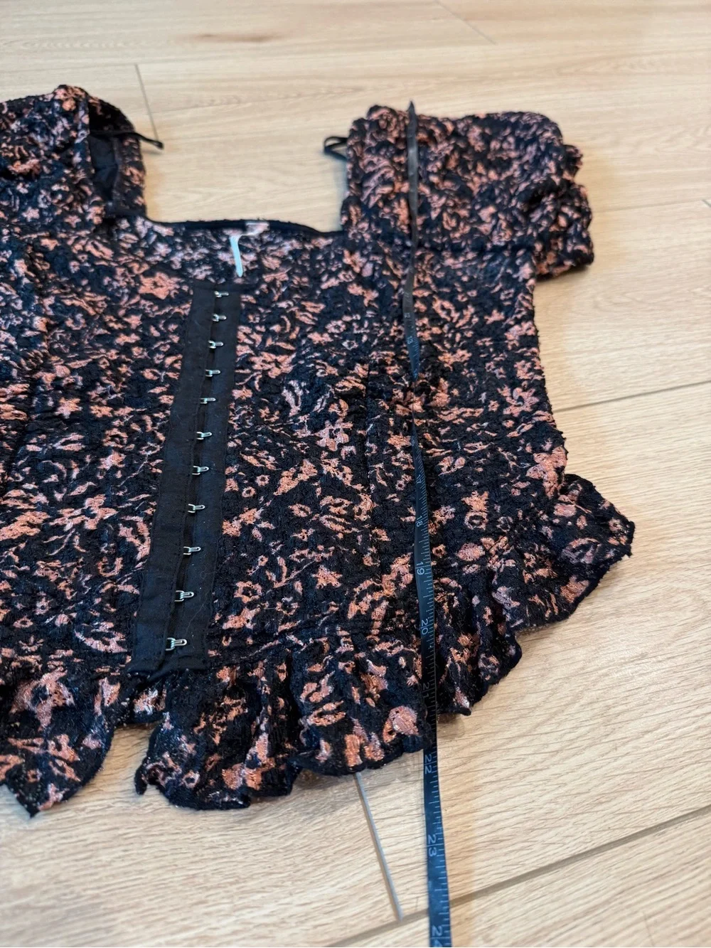 Free People Black Puff Sleeve Floral Lace-Trim Blouse oh baby corset medium